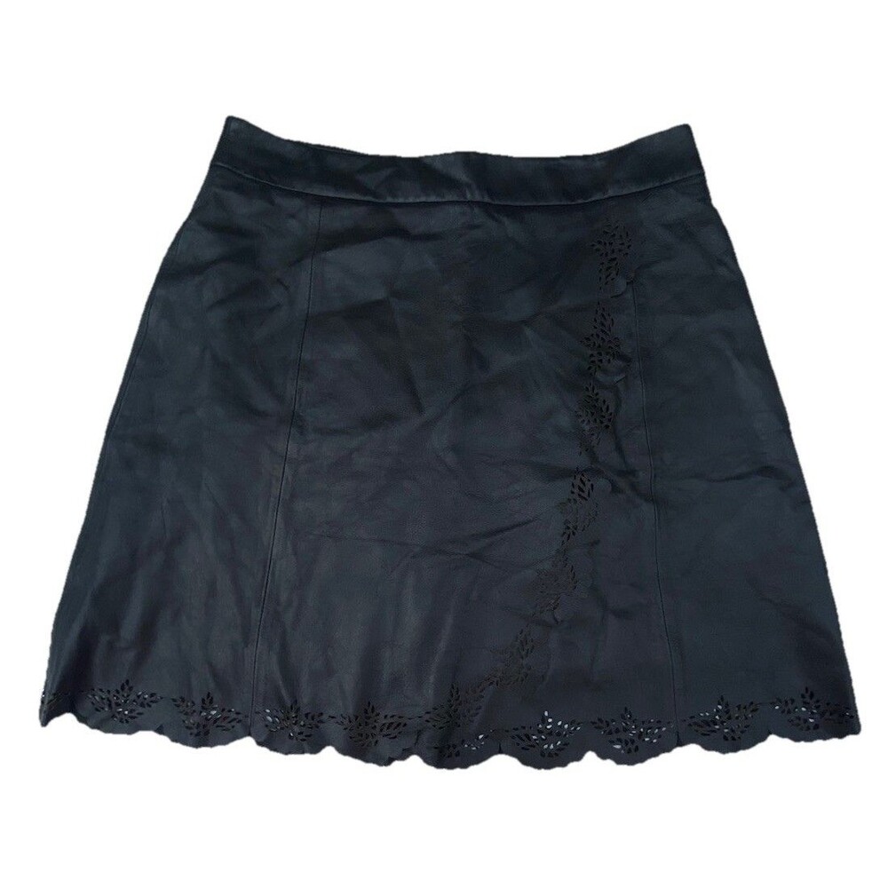 Les Petites Paris Lamb Leather Mini Skirt Black Laser Cut Scallop Hem Size 38